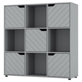 URBNLIVING 91cm Height Grey Wooden Cube Bookcase with Line Door Display Shelf Storage Shelving Cupboard
