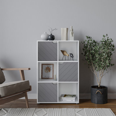 URBNLIVING 91cm Height White Wooden 6 Cube Bookcase with Grey Line Door Shelf Storage Shelving Display Cupboard