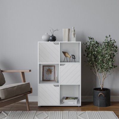 URBNLIVING 91cm Height White Wooden 6 Cube Bookcase with White Line Door Display Shelf Storage Shelving Cupboard