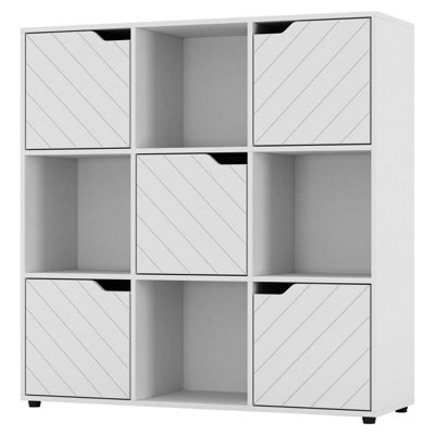 URBNLIVING 91cm Height White Wooden Bookcase with White Line Door Shelf Storage 9 Cube Shelving Display Cupboard