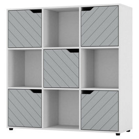 URBNLIVING 91cm Height White Wooden Cube Bookcase with Grey Line Door Display Shelf Storage Shelving Cupboard