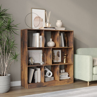 URBNLIVING 95cm Height 8 Cube Rustic Brown Asymmetrical Storage Cabinet Wooden Bookcase Shelve Square Organiser