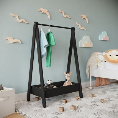 Kinderen garderobe, Houten kledingrek Hout kleren rek een frame rek hout kleding rek dress up opslag leverancier display Kids garderobe (zwart