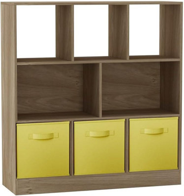 URBNLIVING Asymmetrical 8 Cube Oak Bookcase Storage Unit with 3 Fabric ...