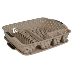 URBNLIVING Beige Colour Dish Drainer Drying Rack & Utensil Holder with Matching Drip Tray Rattan Style