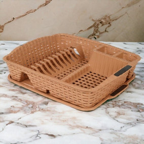 URBNLIVING Cappuccino Colour Dish Drainer Drying Rack & Utensil Holder with Matching Drip Tray Rattan Style