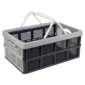 URBNLIVING Collapsible Folding Plastic Storage Crate Box Carry Handles Home Tidy Organisers Light Grey
