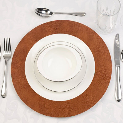 URBNLIVING Diameter 38cm 15" Set of 4 Brown Round Faux Leather Dining Table Placemats Party Decor Settings