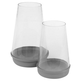 URBNLIVING Grey Set of 2 Height Modern Indoor Metal Base and Clear Glass Hurricane Candle Lantern Home Décor