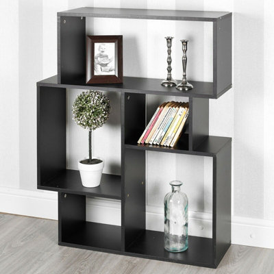 URBNLIVING Height 100cm 5 Section Modern Side Display Unit Colour Black Wooden Bookcase Furniture Bedroom Cubed