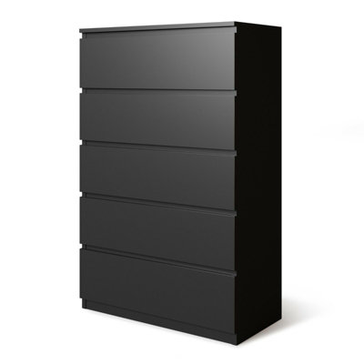 URBNLIVING Height 108.5Cm 5 Drawer Skagen Wooden Bedroom Chest Cabinet Colour Black Carcass and Black Drawers No Handle Storage