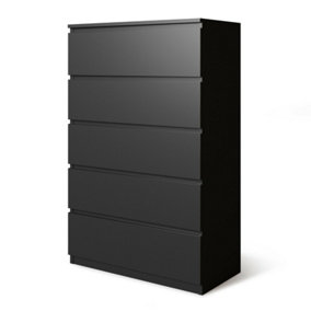 URBNLIVING Height 108.5Cm 5 Drawer Skagen Wooden Bedroom Chest Cabinet Colour Black Carcass and Black Drawers No Handle Storage