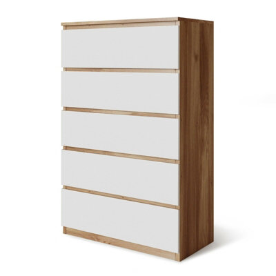 URBNLIVING Height 108.5Cm 5 Drawer Skagen Wooden Bedroom Chest Cabinet Colour Oak Carcass and White Drawers No Handle Storage