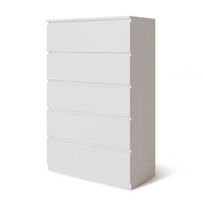 URBNLIVING Height 108.5Cm 5 Drawer Skagen Wooden Bedroom Chest Cabinet Colour White Carcass and White Drawers No Handle Storage