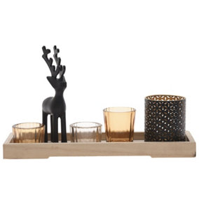 URBNLIVING Height 10cm 6 Pcs Reindeer Tealight Holder in Wooden Candle Tray Christmas Table Mantelpiece