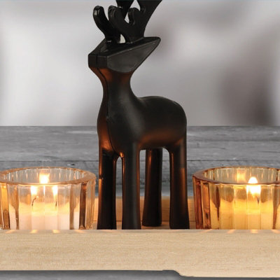 URBNLIVING Height 10cm 6 Pcs Reindeer Tealight Holder in Wooden Candle Tray Christmas Table Mantelpiece
