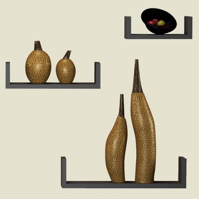 URBNLIVING Height 10cm Set of 3 Grey U-Shaped Floating Wooden Wall Mounting Shelves Display Unit for Books and Storage