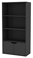 URBNLIVING Height 118Cm 4 Tier Wooden Bookcase Cupboard with Doors Storage Shelving Display Colour Black Door Black Cabinet Unit