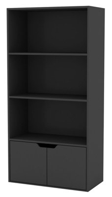 URBNLIVING Height 118Cm 4 Tier Wooden Bookcase Cupboard with Doors Storage Shelving Display Colour Black Door Black Cabinet Unit