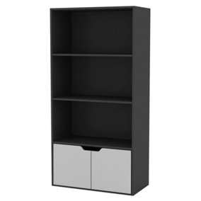 URBNLIVING Height 118Cm 4 Tier Wooden Bookcase Cupboard with Doors Storage Shelving Display Colour Black Door Grey Cabinet Unit