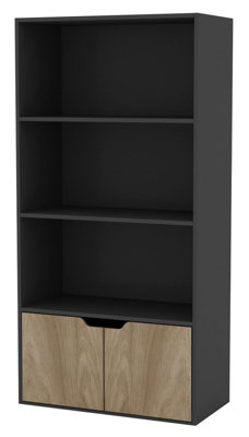 URBNLIVING Height 118Cm 4 Tier Wooden Bookcase Cupboard with Doors Storage Shelving Display Colour Black Door Oak Cabinet Unit