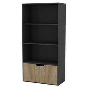 URBNLIVING Height 118Cm 4 Tier Wooden Bookcase Cupboard with Doors Storage Shelving Display Colour Black Door Oak Cabinet Unit