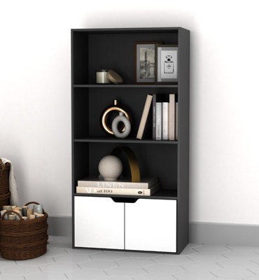 URBNLIVING Height 118Cm 4 Tier Wooden Bookcase Cupboard with Doors Storage Shelving Display Colour Black Door White Cabinet Unit