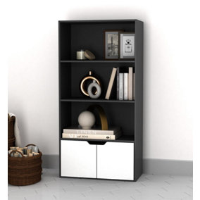 URBNLIVING Height 118Cm 4 Tier Wooden Bookcase Cupboard with Doors Storage Shelving Display Colour Black Door White Cabinet Unit