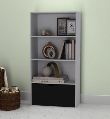 URBNLIVING Height 118Cm 4 Tier Wooden Bookcase Cupboard with Doors Storage Shelving Display Colour Grey Door Black Cabinet Unit