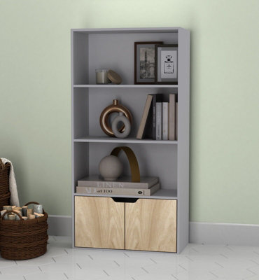 URBNLIVING Height 118Cm 4 Tier Wooden Bookcase Cupboard with Doors Storage Shelving Display Colour Grey Door Oak Cabinet Unit