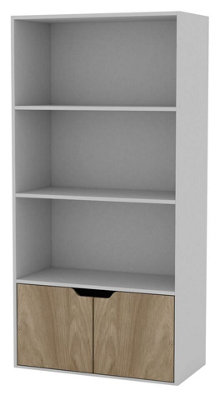 URBNLIVING Height 118Cm 4 Tier Wooden Bookcase Cupboard with Doors Storage Shelving Display Colour Grey Door Oak Cabinet Unit