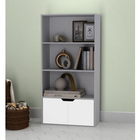 URBNLIVING Height 118Cm 4 Tier Wooden Bookcase Cupboard with Doors Storage Shelving Display Colour Grey Door White Cabinet Unit