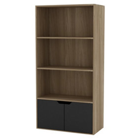 URBNLIVING Height 118Cm 4 Tier Wooden Bookcase Cupboard with Doors Storage Shelving Display Colour Oak Door Black Cabinet Unit