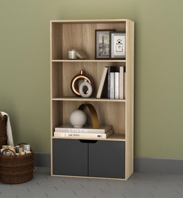 URBNLIVING Height 118Cm 4 Tier Wooden Bookcase Cupboard with Doors Storage Shelving Display Colour Oak Door Black Cabinet Unit