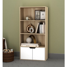 URBNLIVING Height 118Cm 4 Tier Wooden Bookcase Cupboard with Doors Storage Shelving Display Colour Oak Door White Cabinet Unit