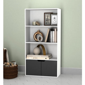 URBNLIVING Height 118Cm 4 Tier Wooden Bookcase Cupboard with Doors Storage Shelving Display Colour White Door Black Cabinet Unit
