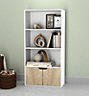 URBNLIVING Height 118Cm 4 Tier Wooden Bookcase Cupboard with Doors Storage Shelving Display Colour White Door Oak Cabinet Unit