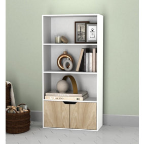 URBNLIVING Height 118Cm 4 Tier Wooden Bookcase Cupboard with Doors Storage Shelving Display Colour White Door Oak Cabinet Unit