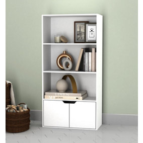 URBNLIVING Height 118Cm 4 Tier Wooden Bookcase Cupboard with Doors Storage Shelving Display Colour White Door White Cabinet Unit