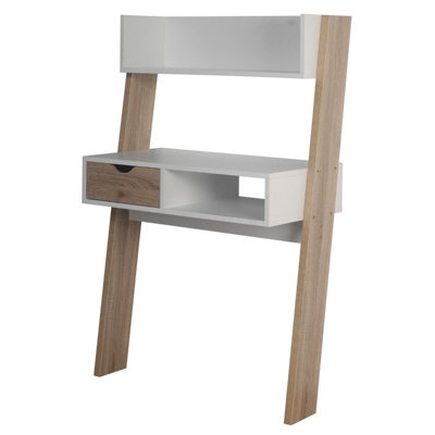 URBNLIVING Height 120Cm Ladder Desk 1 Drawer Shelf Wooden Colour White & Oak Bedroom Computer Table Work Office