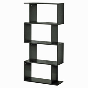 URBNLIVING Height 127.5Cm 4 Tier Wooden S-Shaped Bookcase Living Room Colour Black Modern Display Shelves Storage Unit Divider