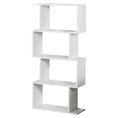 URBNLIVING Height 127.5Cm 4 Tier Wooden S-Shaped Bookcase Living Room Colour White Modern Display Shelves Storage Unit Divider