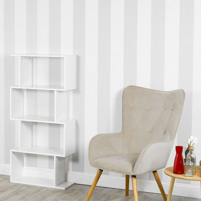 URBNLIVING Height 127.5Cm 4 Tier Wooden S-Shaped Bookcase Living Room Colour White Modern Display Shelves Storage Unit Divider