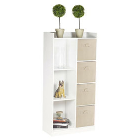 URBNLIVING Height 128cm Tall Wooden White 7 Cube Bookcase with Beige Drawers Shelving Display Storage Unit Cabinet Shelves