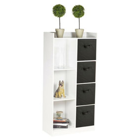 URBNLIVING Height 128cm Tall Wooden White 7 Cube Bookcase with Black Drawers Shelving Display Storage Unit Cabinet Shelves