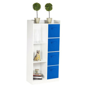 URBNLIVING Height 128cm Tall Wooden White 7 Cube Bookcase with Dark Blue Drawers Shelving Display Storage Unit Cabinet Shelves