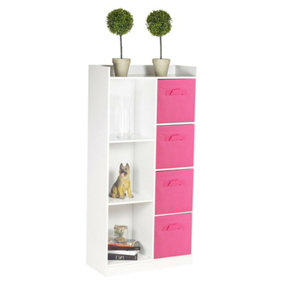URBNLIVING Height 128cm Tall Wooden White 7 Cube Bookcase with Dark Pink Drawers Shelving Display Storage Unit Cabinet Shelves