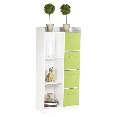 URBNLIVING Height 128cm Tall Wooden White 7 Cube Bookcase with Green Drawers Shelving Display Storage Unit Cabinet Shelves