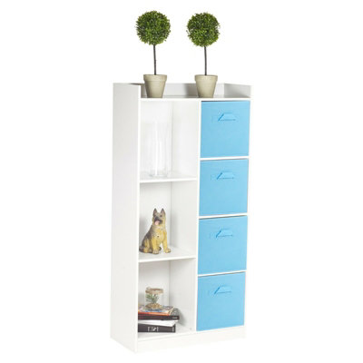 URBNLIVING Height 128cm Tall Wooden White 7 Cube Bookcase with Light Blue Drawers Shelving Display Storage Unit Cabinet Shelves