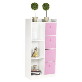 URBNLIVING Height 128cm Tall Wooden White 7 Cube Bookcase with Light Pink Drawers Shelving Display Storage Unit Cabinet Shelves